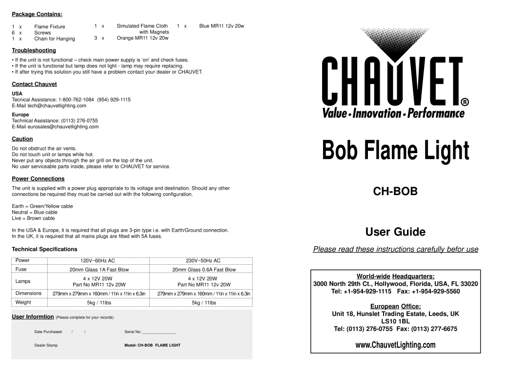 Chauvet CH-BOB technical specifications Package Contains, Troubleshooting, Contact Chauvet, Power Connections 