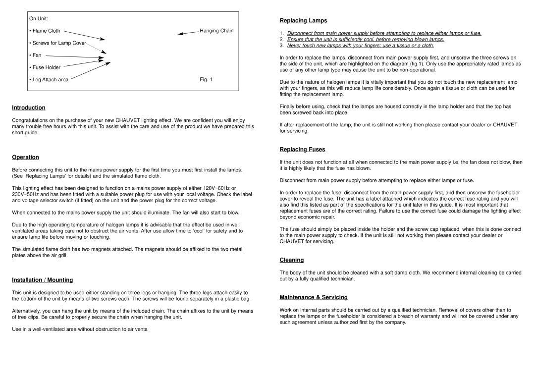 Chauvet CH-BOB Introduction, Operation, Installation / Mounting, Replacing Lamps, Replacing Fuses, Cleaning 