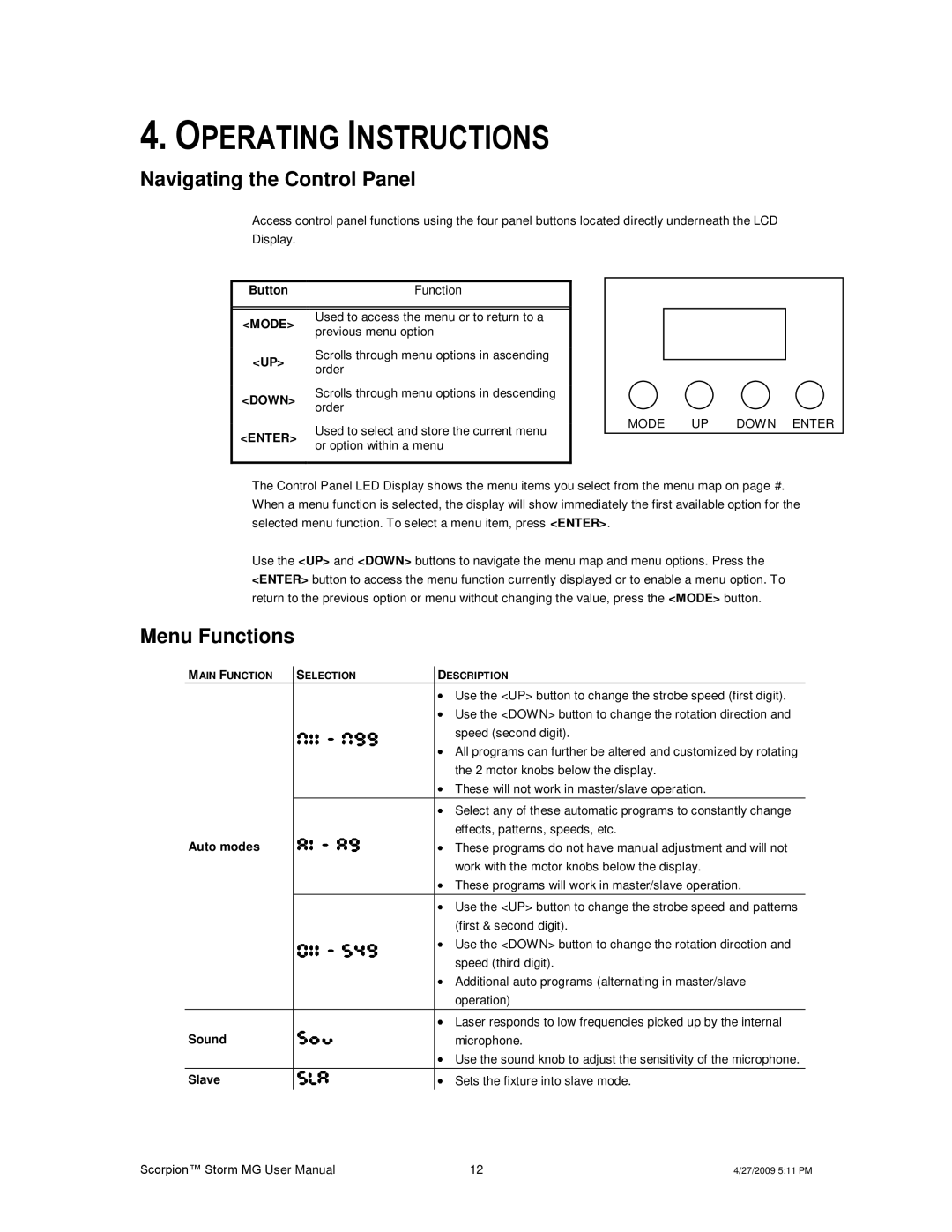 Chauvet CHAOVET user manual Operating Instructions, Navigating the Control Panel, Menu Functions 