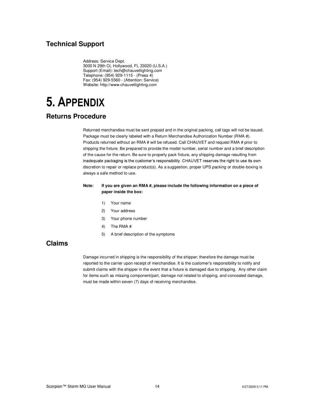 Chauvet CHAOVET user manual Appendix, Technical Support, Returns Procedure, Claims 