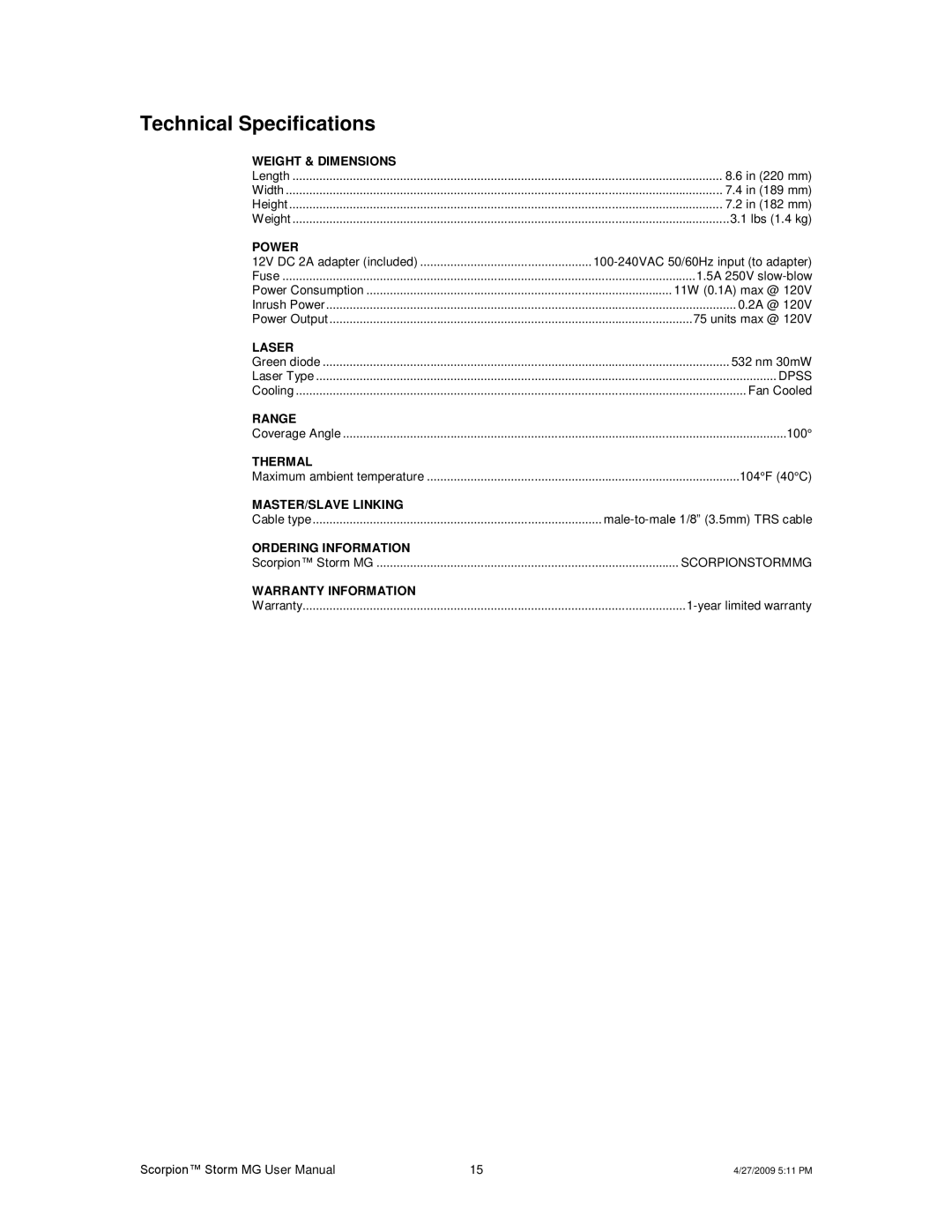 Chauvet CHAOVET user manual Technical Specifications 