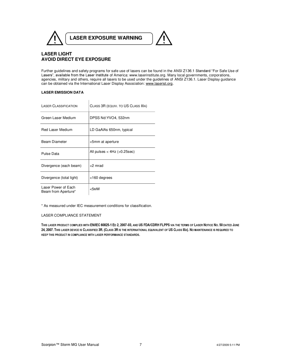 Chauvet CHAOVET user manual Laser Exposure Warning, Laser Emission Data 