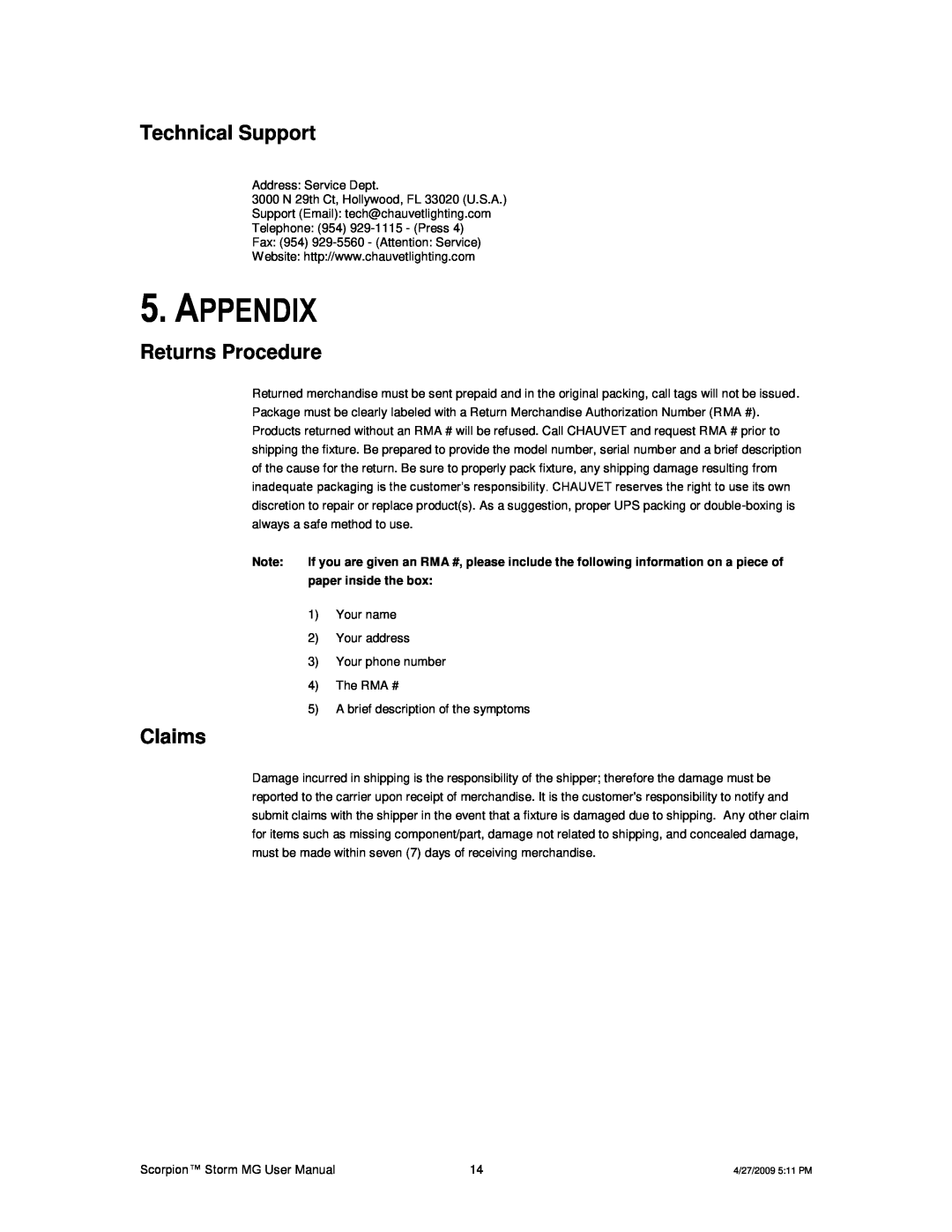 Chauvet CHAOVET user manual Appendix, Technical Support, Returns Procedure, Claims, paper inside the box 