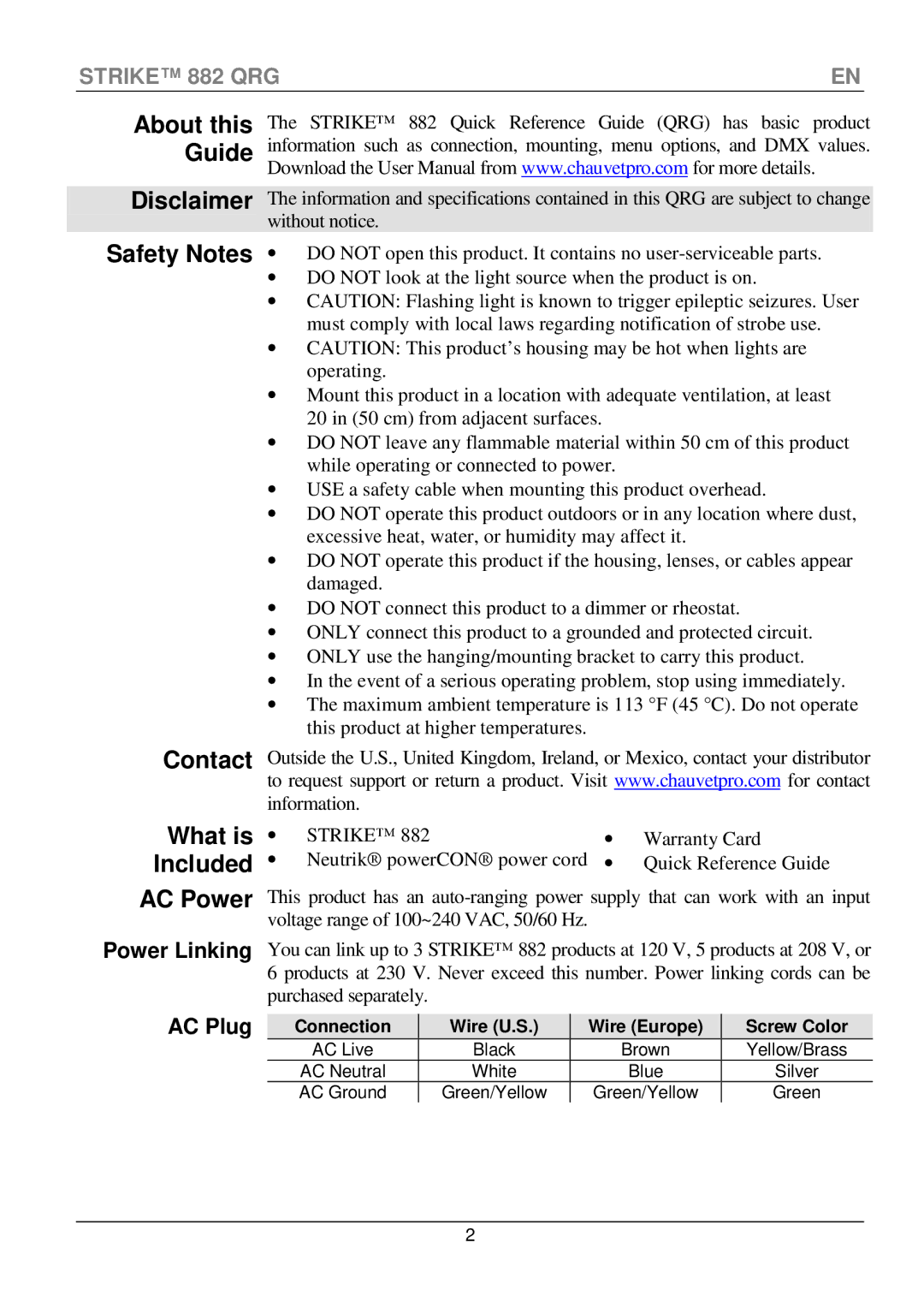 Chauvet CLP-15 manual Disclaimer Safety Notes, Contact, What is, Included, AC Plug 