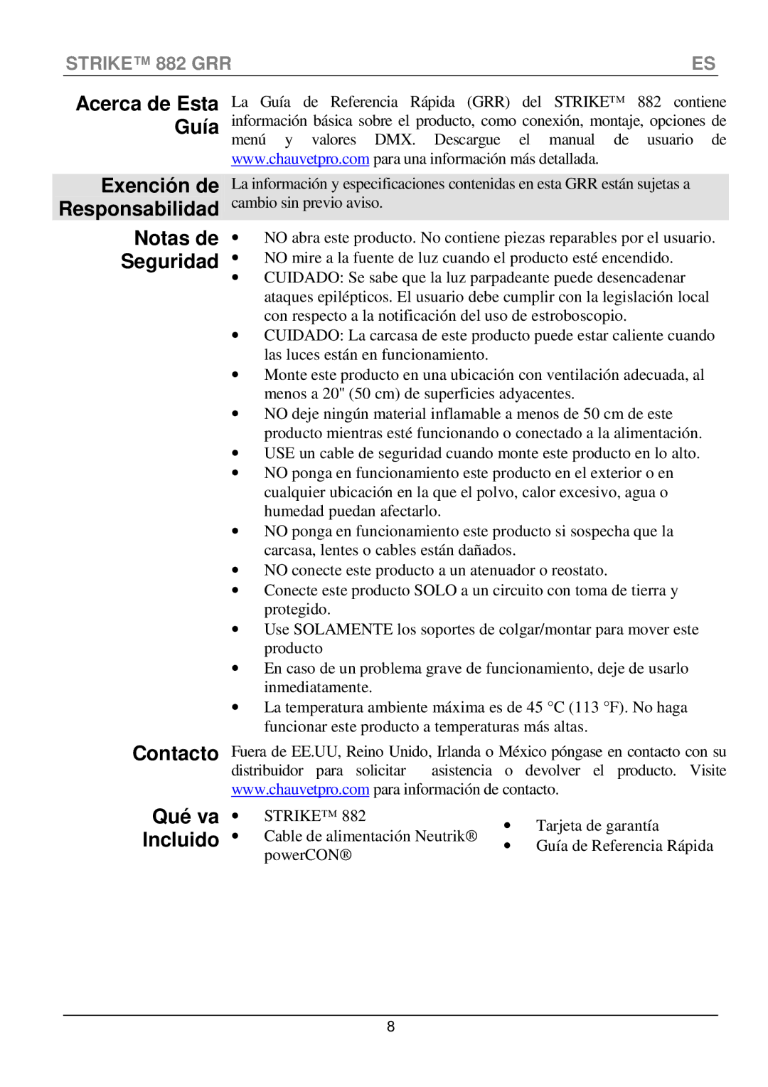 Chauvet CLP-15 manual Notas de Seguridad Contacto Qué va Incluido, Exención de Responsabilidad 