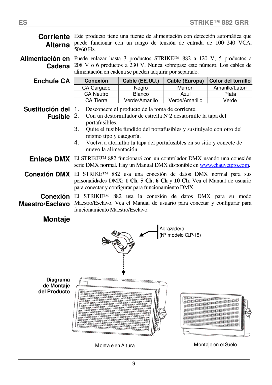 Chauvet CLP-15 manual Montaje, Enchufe CA, Sustitución del, Fusible, Cable EE.UU 