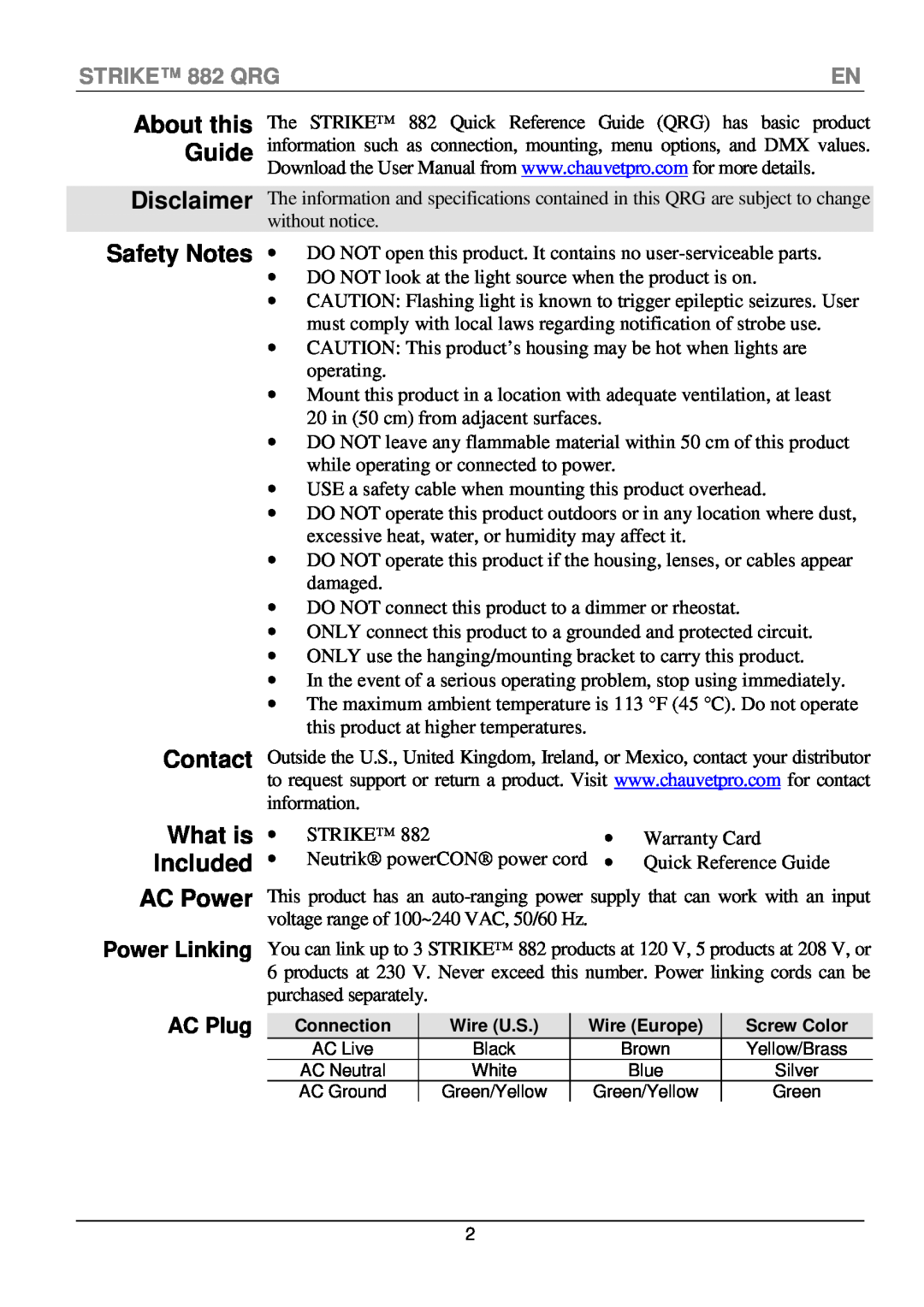 Chauvet CLP-15 manual Disclaimer Safety Notes, Contact, What is, Included, About this Guide, STRIKE 882 QRG, AC Plug 