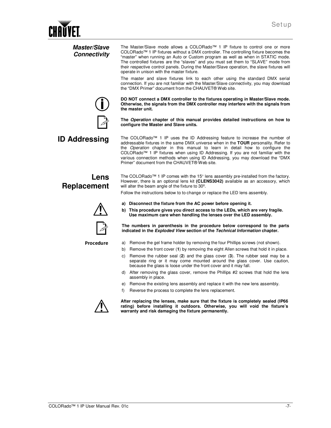 Chauvet color ado1ip user manual ID Addressing, Lens Replacement, Master/Slave Connectivity 