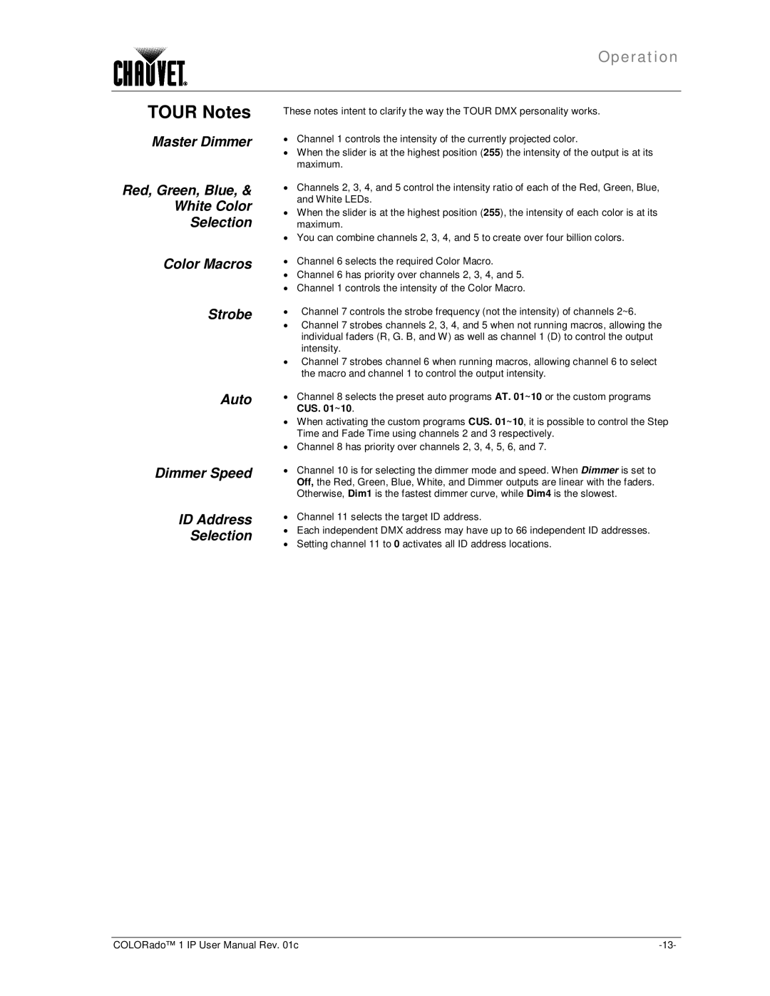 Chauvet color ado1ip user manual Tour Notes 