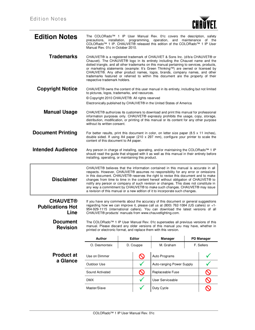 Chauvet color ado1ip user manual Edition Notes, Author Editor Manager PD Manager 