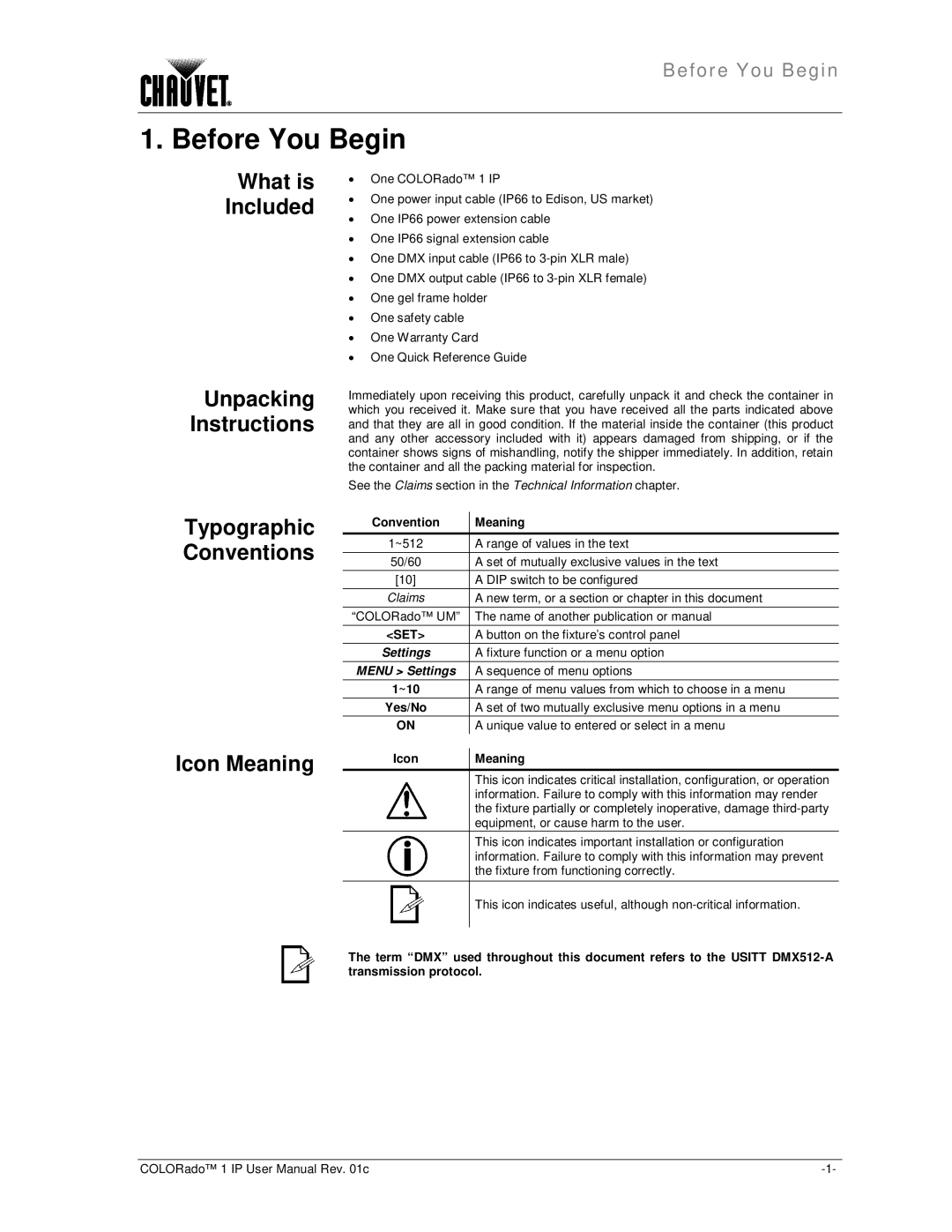 Chauvet color ado1ip Before You Begin, What is Included, Icon Meaning, Unpacking Instructions, Typographic Conventions 