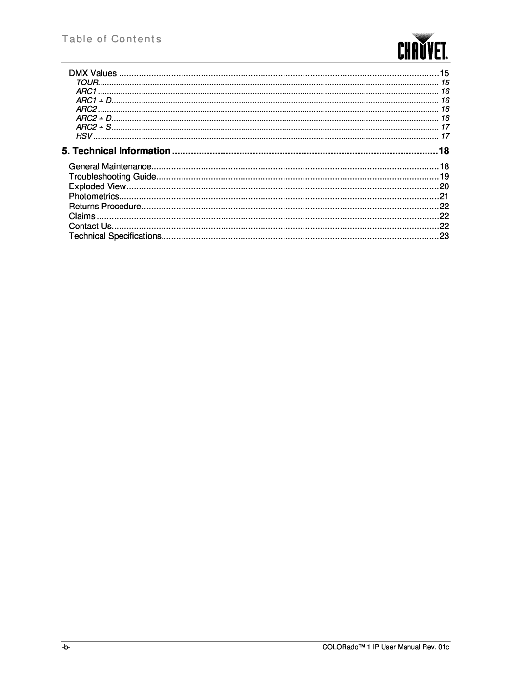 Chauvet color ado1ip user manual Table of Contents, Technical Information, Tour, ARC1 + D, ARC2 + D, ARC2 + S 