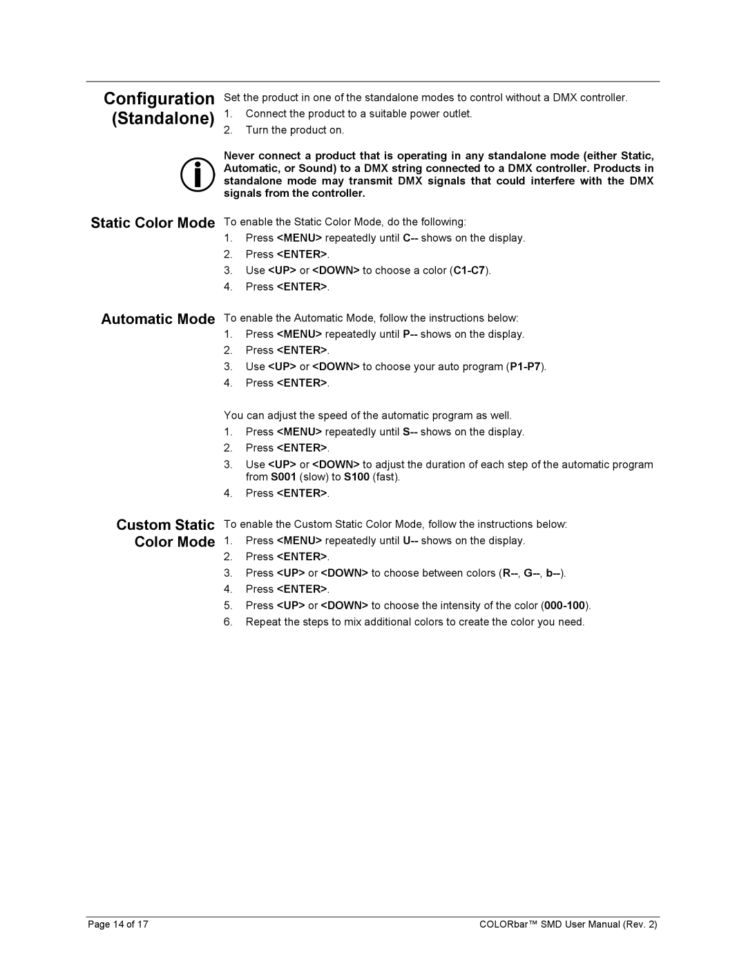 Chauvet Colorbar SMD user manual Configuration Standalone, Static Color Mode Automatic Mode Custom Static Color Mode 