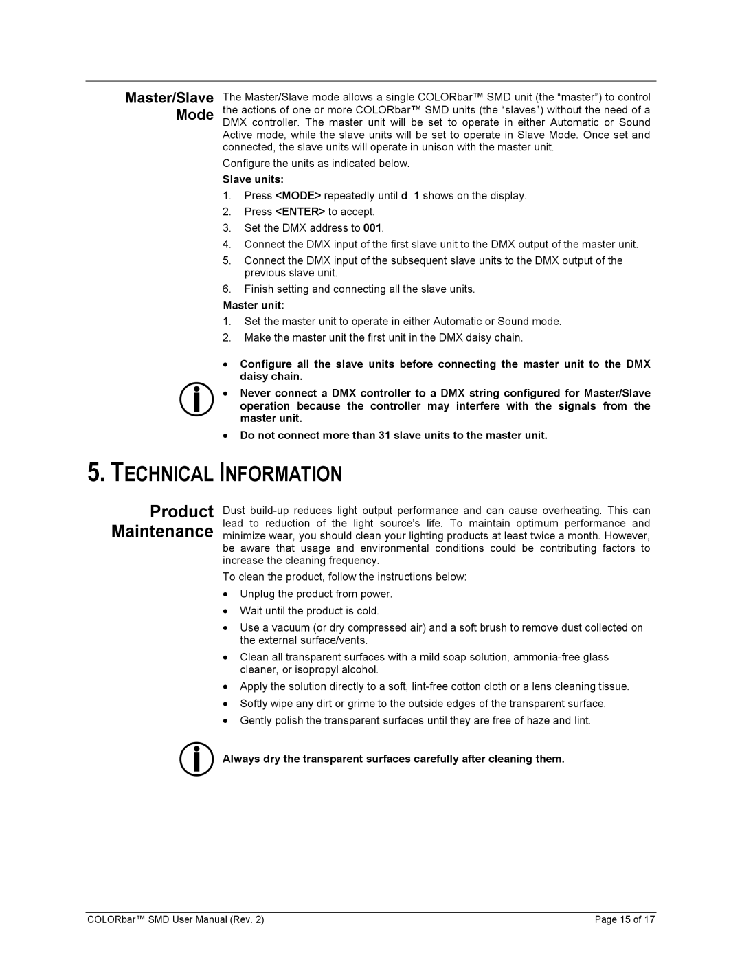 Chauvet Colorbar SMD user manual Technical Information, Product Maintenance, Master/Slave Mode, Slave units, Master unit 