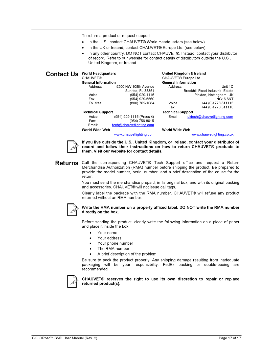 Chauvet Colorbar SMD user manual Contact Us, General Information 