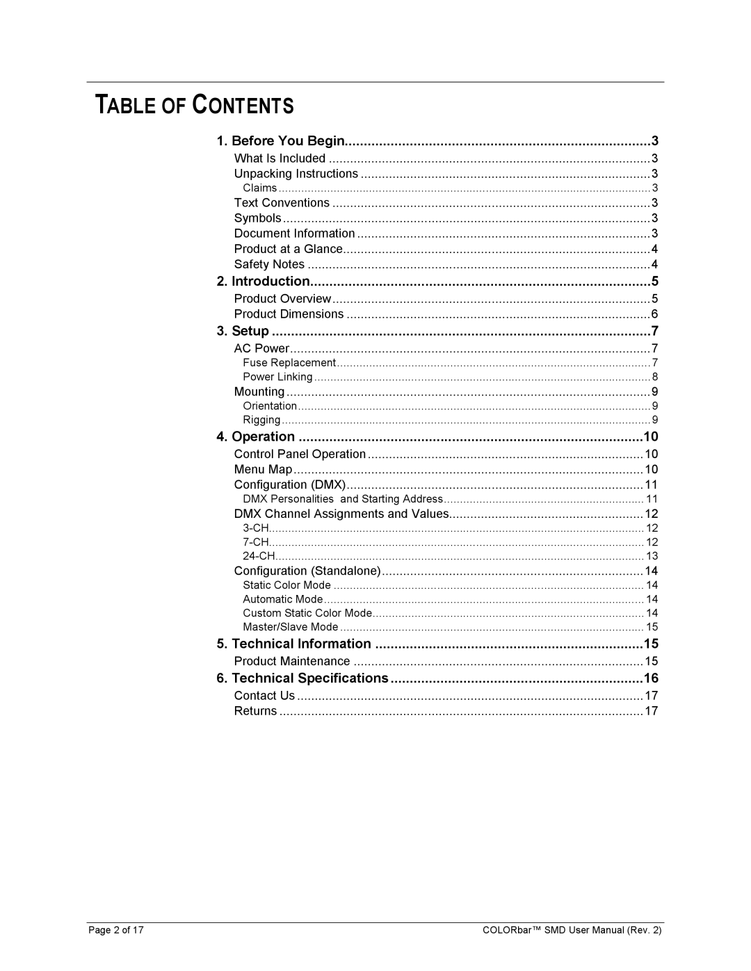 Chauvet Colorbar SMD user manual Table of Contents 