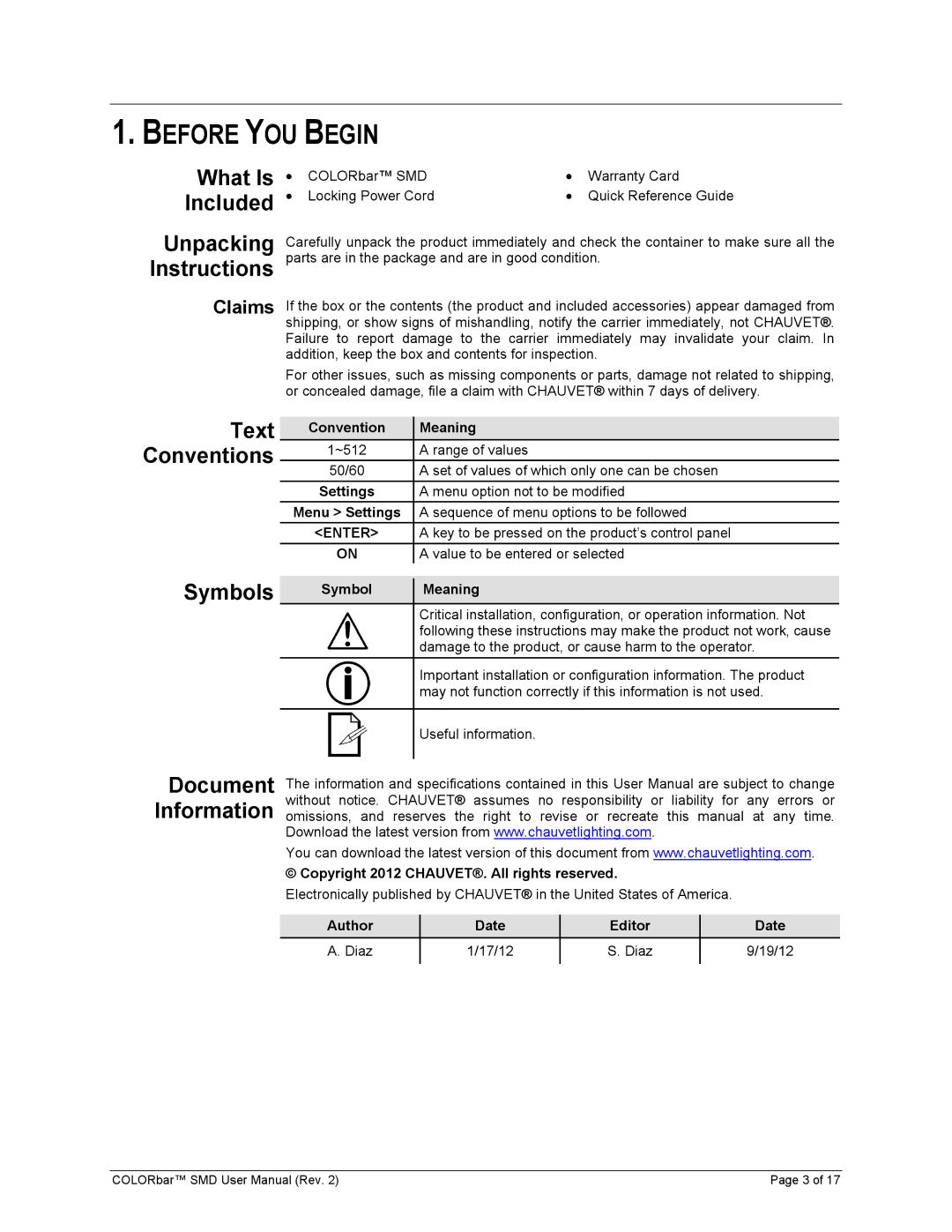 Chauvet Colorbar SMD user manual Before YOU Begin, What Is Included, Unpacking Instructions, Text, Symbols 