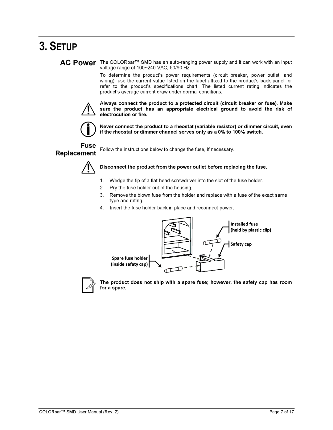 Chauvet Colorbar SMD user manual Setup, Fuse Replacement 