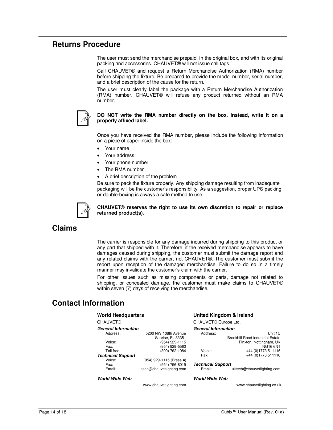 Chauvet CUBIX user manual Returns Procedure, Claims, Contact Information, World Headquarters United Kingdom & Ireland 