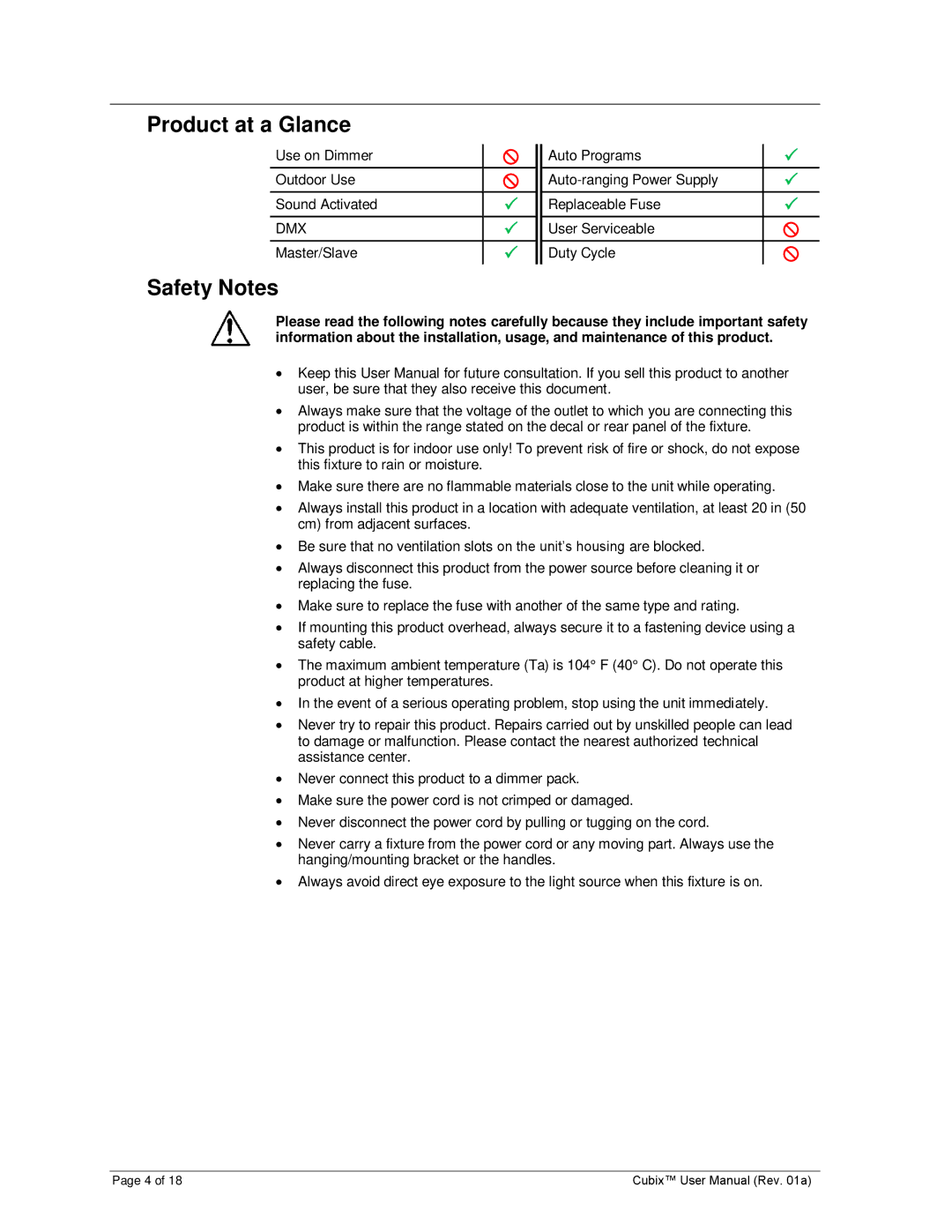 Chauvet CUBIX user manual Product at a Glance, Safety Notes 