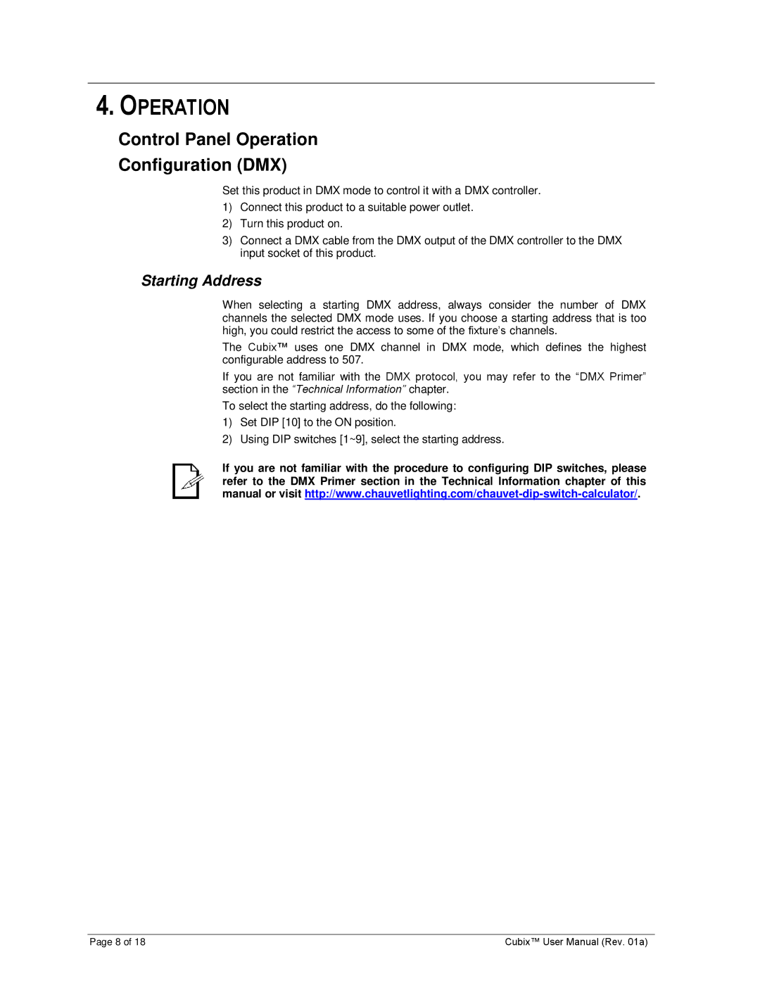 Chauvet CUBIX user manual Control Panel Operation Configuration DMX, Starting Address 