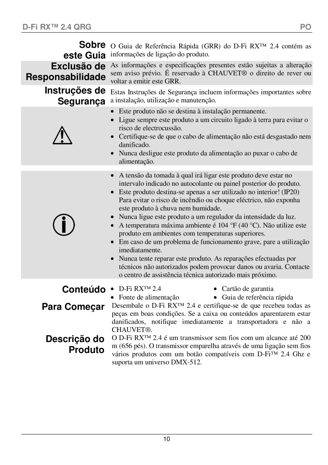 Chauvet D-Fi 2.4 Rx manual Conteúdo Para Começar Descrição do Produto 