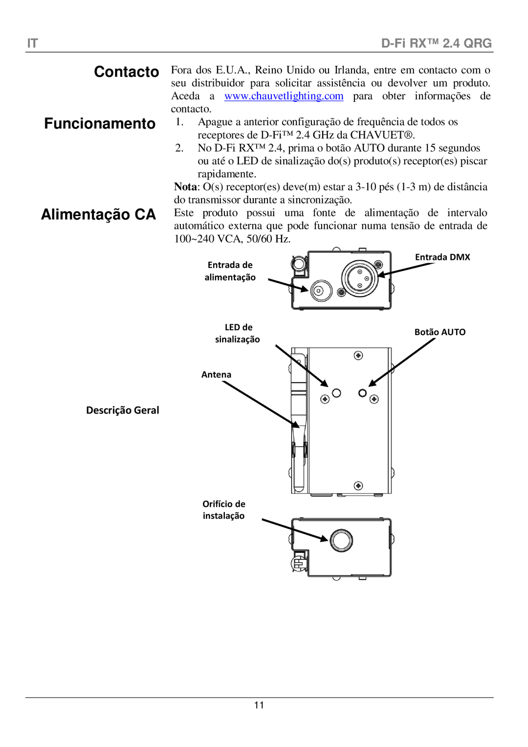 Chauvet D-Fi 2.4 Rx manual Contacto Funcionamento Alimentação CA 