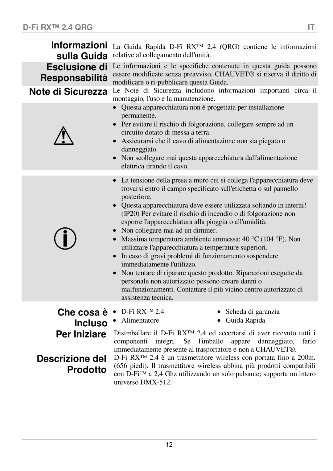 Chauvet D-Fi 2.4 Rx manual Informazioni Sulla Guida Esclusione di Responsabilità 