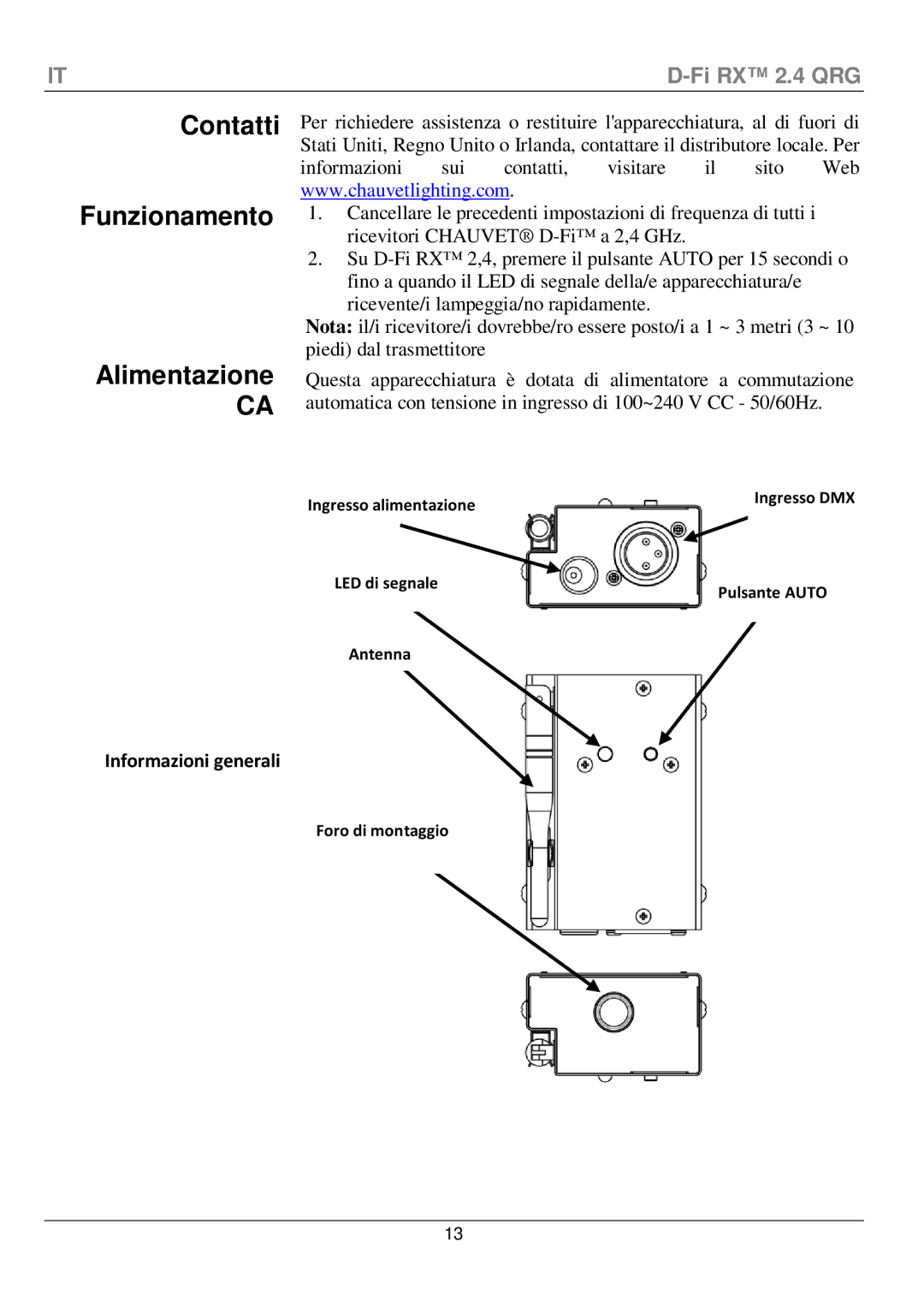 Chauvet D-Fi 2.4 Rx manual Contatti Funzionamento Alimentazione 