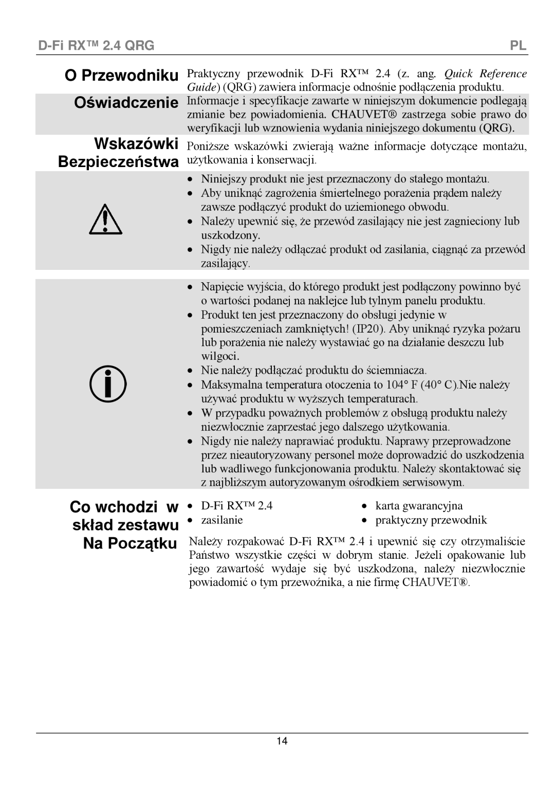 Chauvet D-Fi 2.4 Rx manual Przewodniku Oświadczenie Wskazówki Bezpieczeństwa, Na Początku 