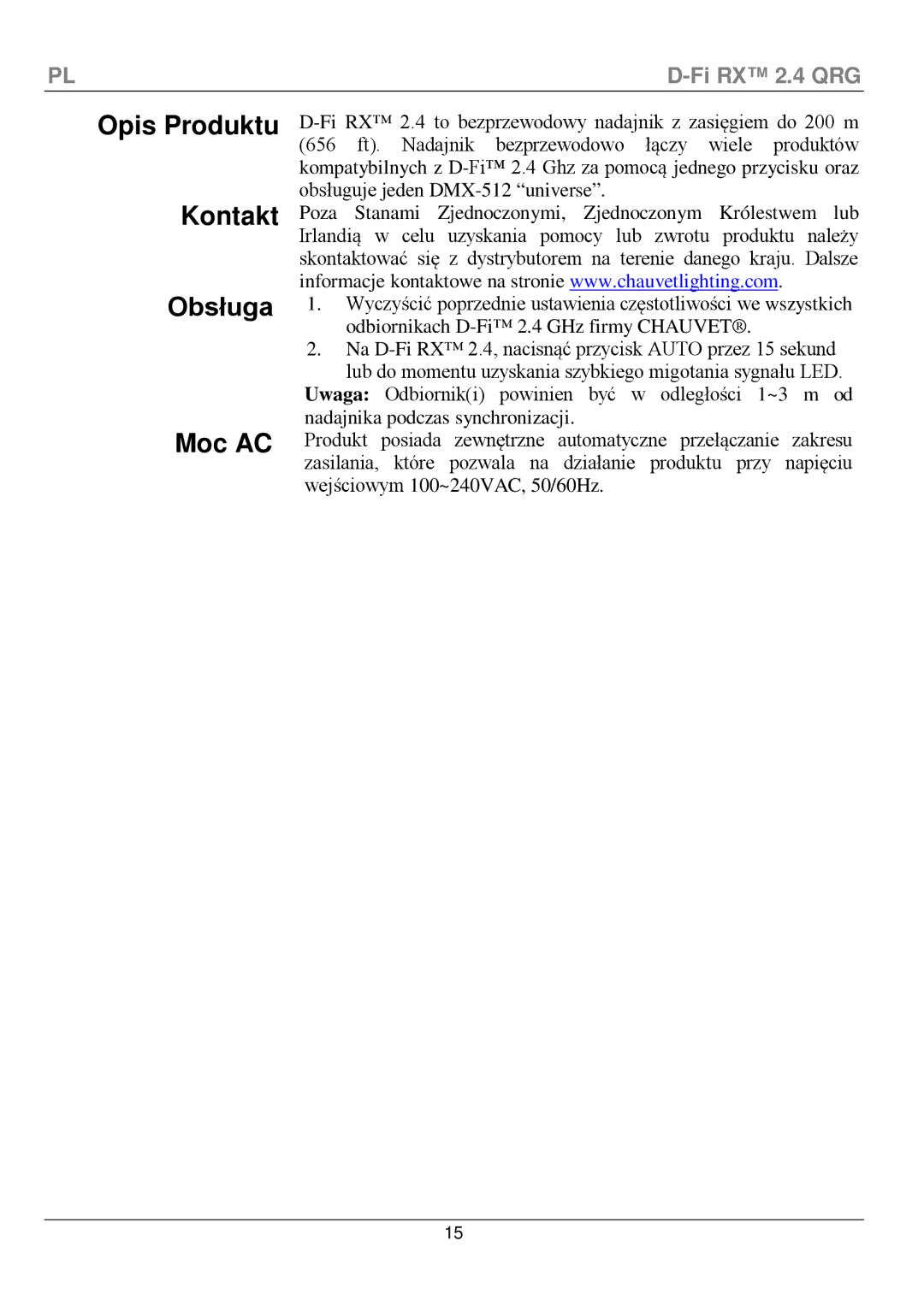 Chauvet D-Fi 2.4 Rx manual Opis Produktu Kontakt Obsługa Moc AC 