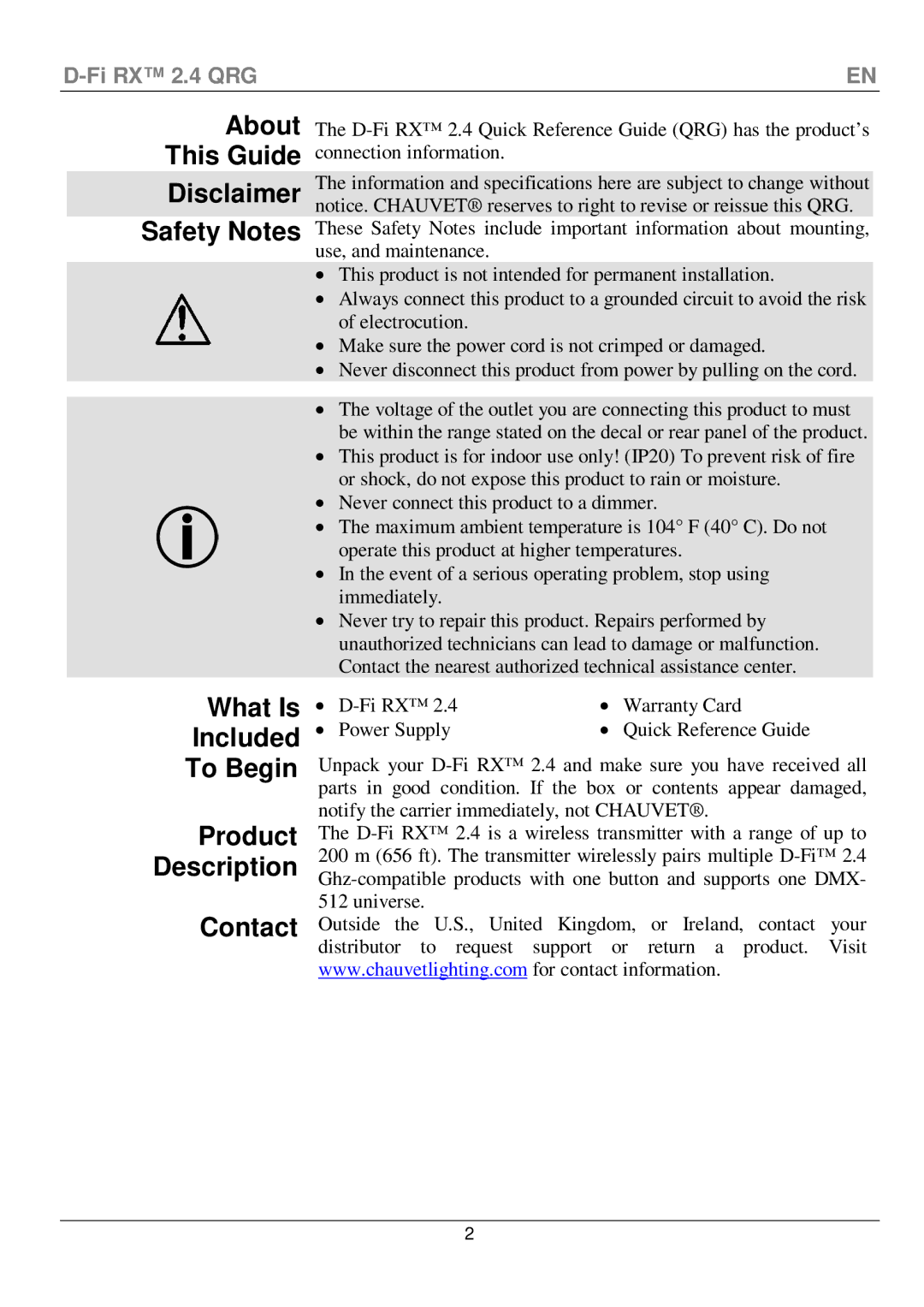 Chauvet D-Fi 2.4 Rx manual About This Guide Disclaimer Safety Notes, What Is Included To Begin Product Description Contact 