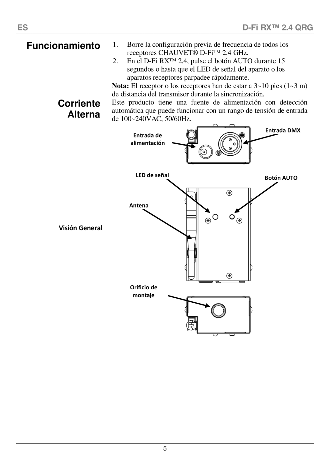 Chauvet D-Fi 2.4 Rx manual Funcionamiento Corriente Alterna 