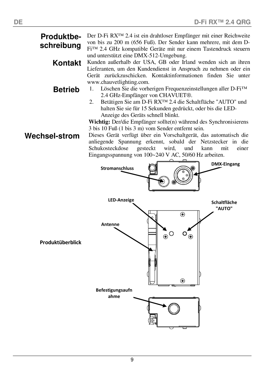 Chauvet D-Fi 2.4 Rx manual Produktbe- schreibung Kontakt Betrieb Wechsel-strom 