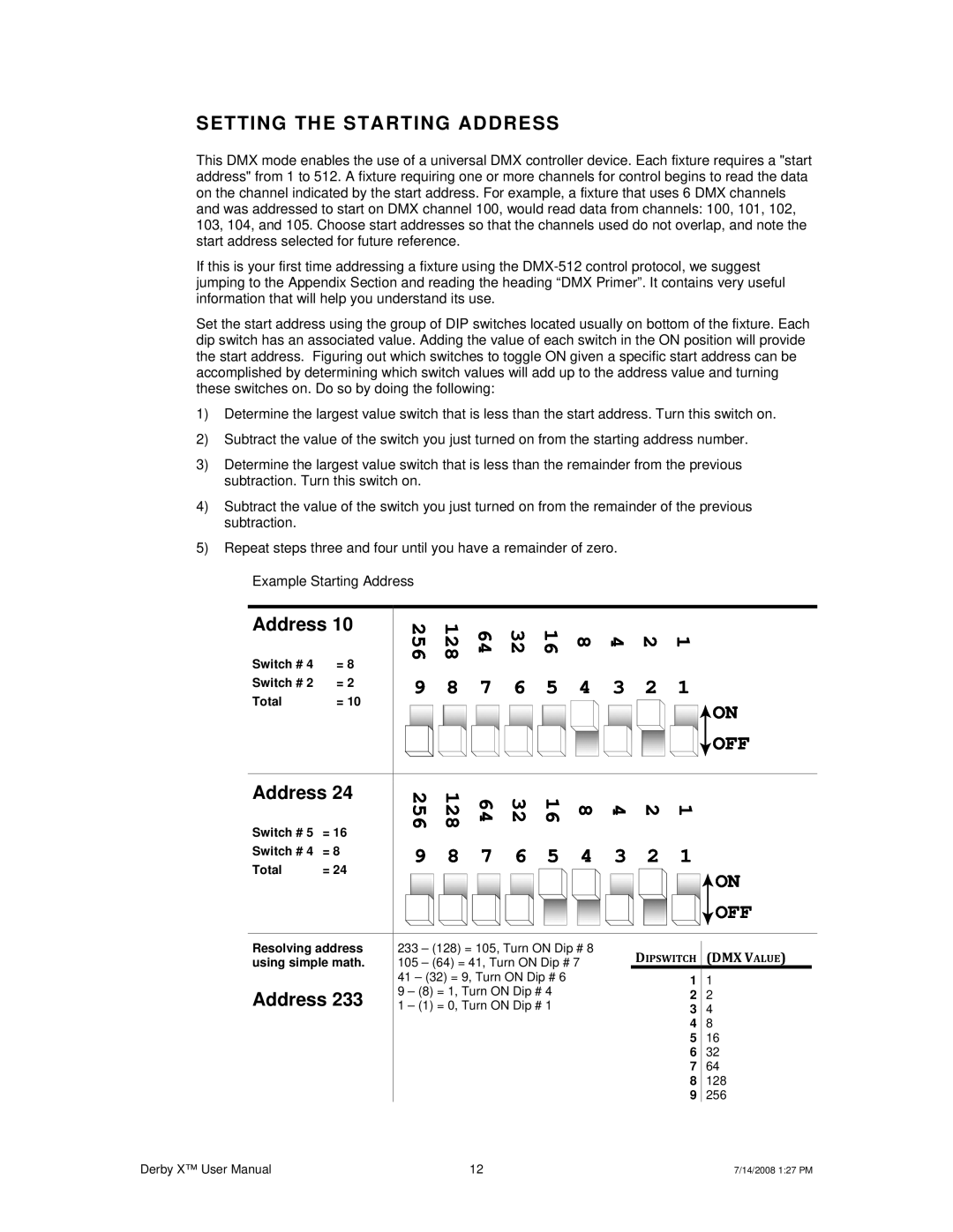 Chauvet DERBY X user service Off, Setting the Starting Address 