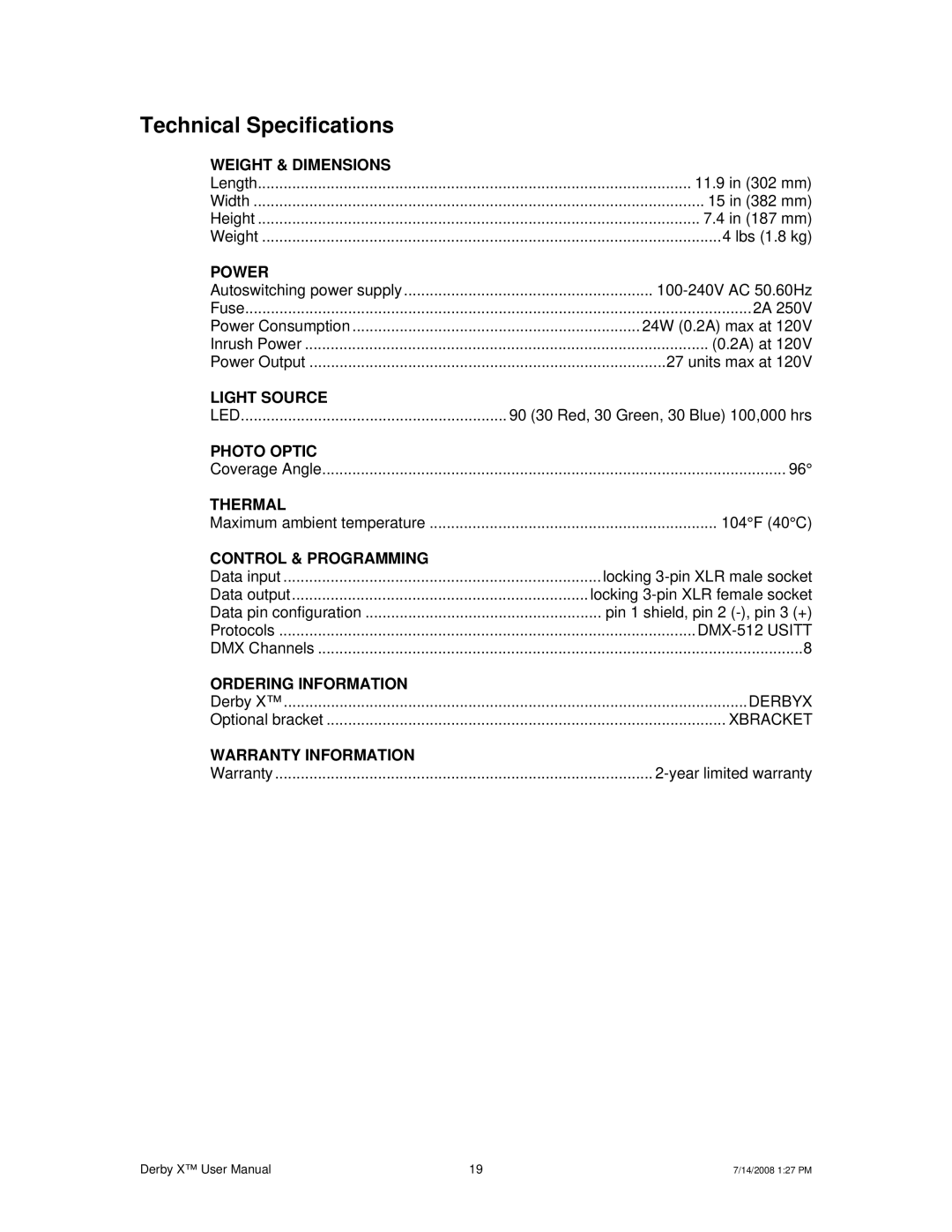 Chauvet DERBY X user service Technical Specifications, Power 