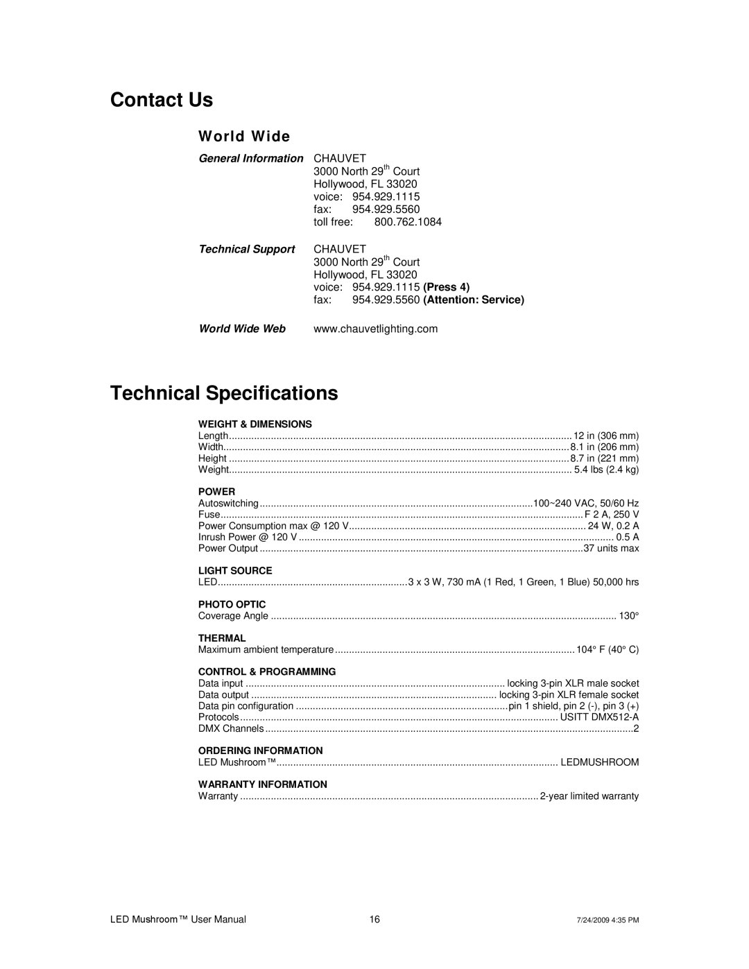 Chauvet Digital Camera user manual Contact Us, Technical Specifications 