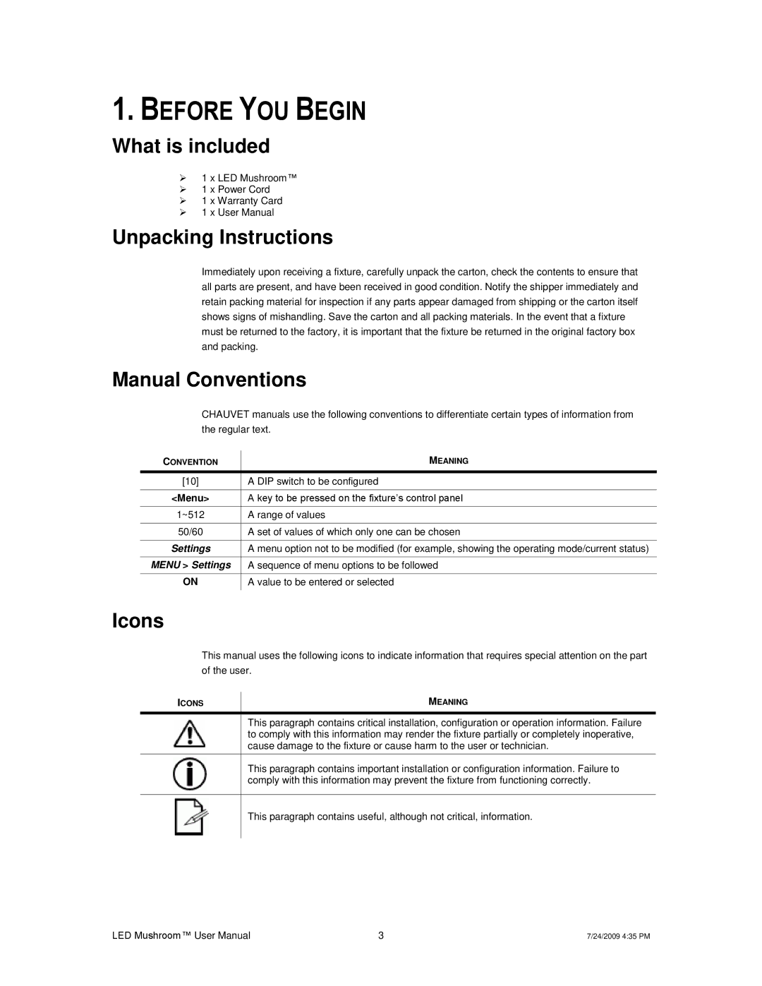 Chauvet Digital Camera user manual Before YOU Begin, What is included, Unpacking Instructions, Manual Conventions, Icons 