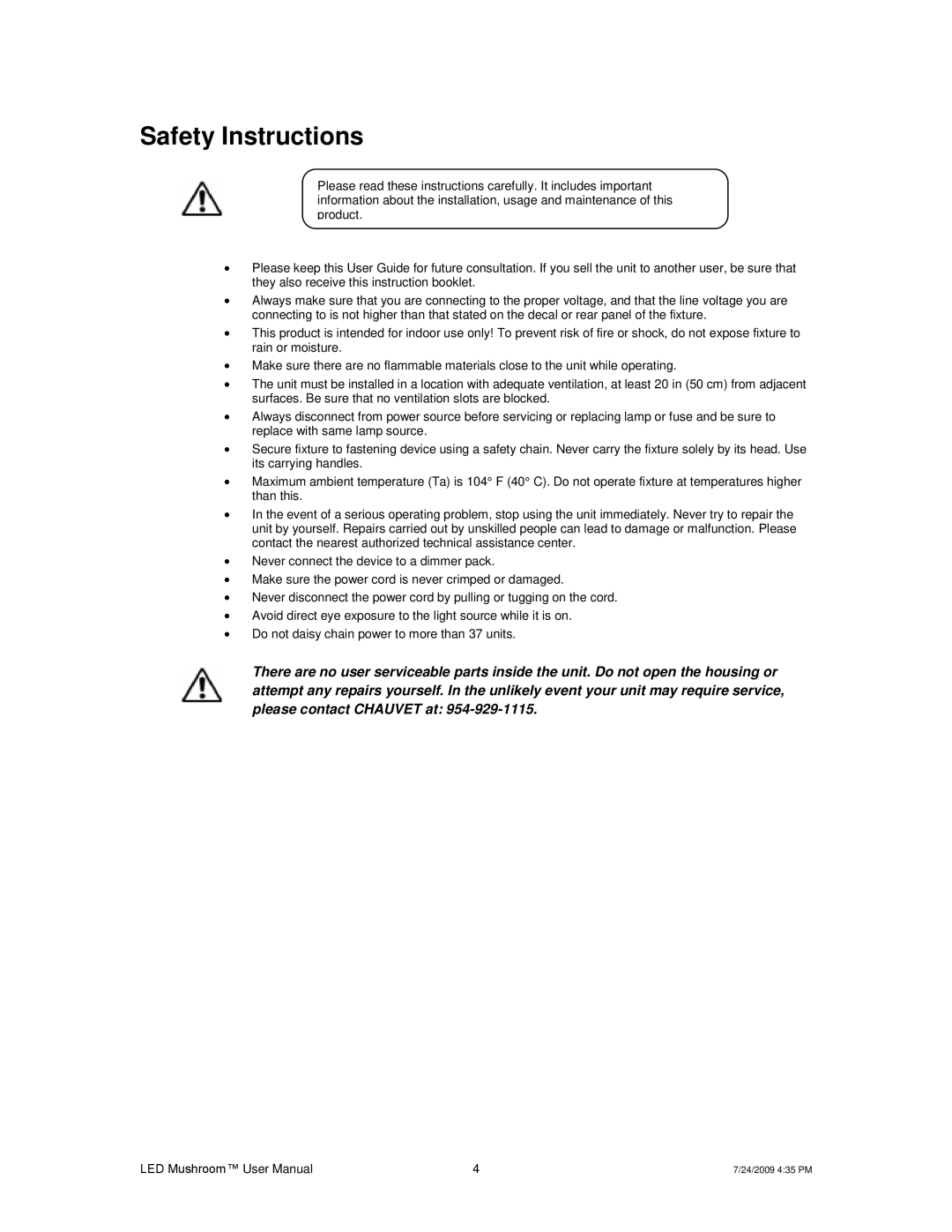 Chauvet Digital Camera user manual Safety Instructions 