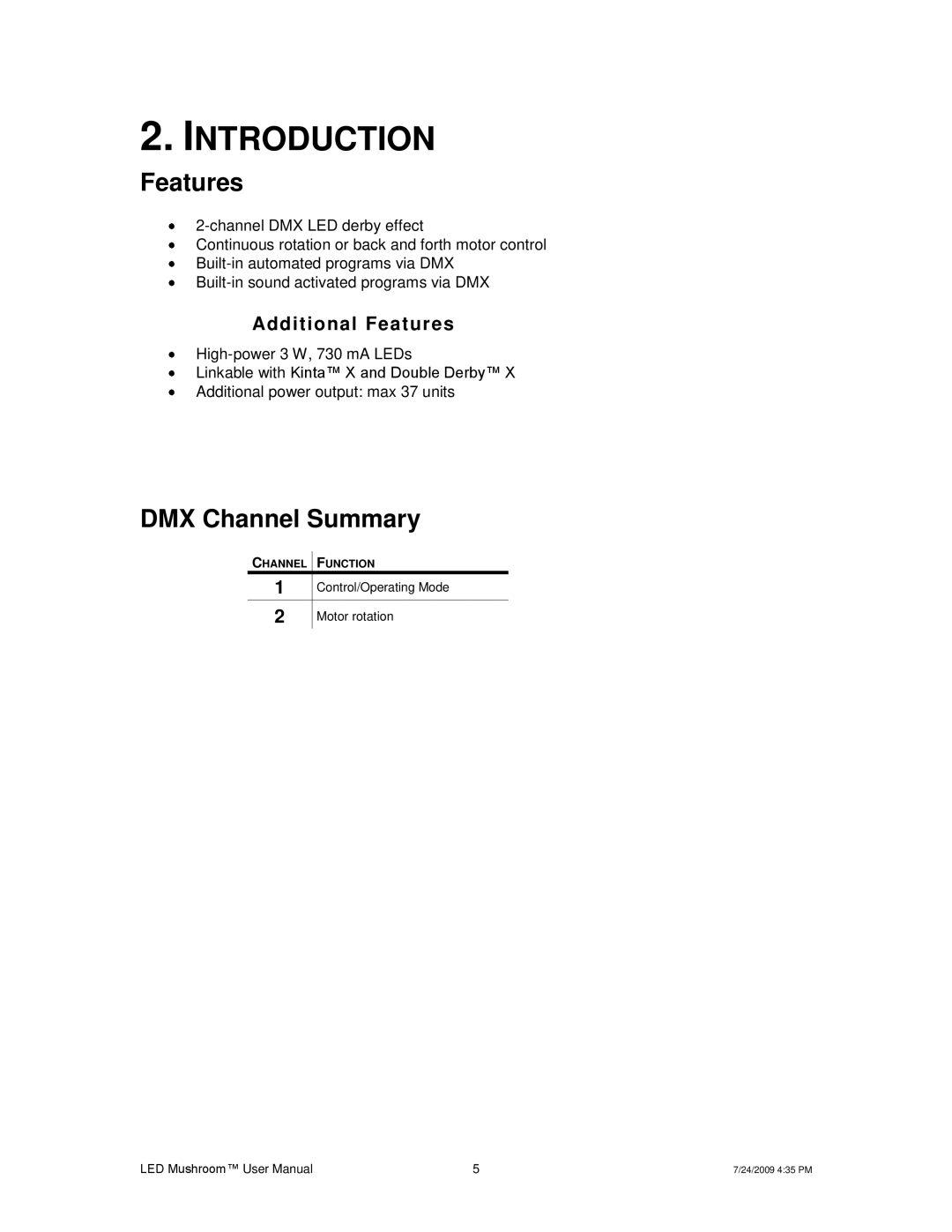 Chauvet Digital Camera user manual Introduction, Features, DMX Channel Summary 