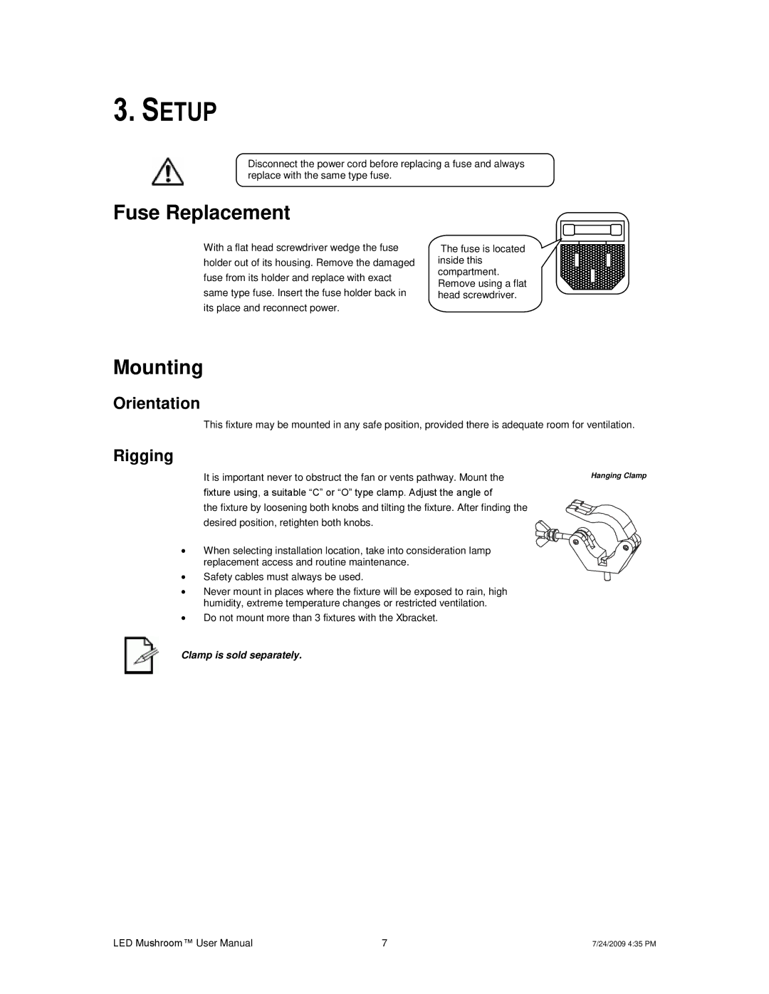 Chauvet Digital Camera user manual Setup, Fuse Replacement, Mounting, Orientation, Rigging 