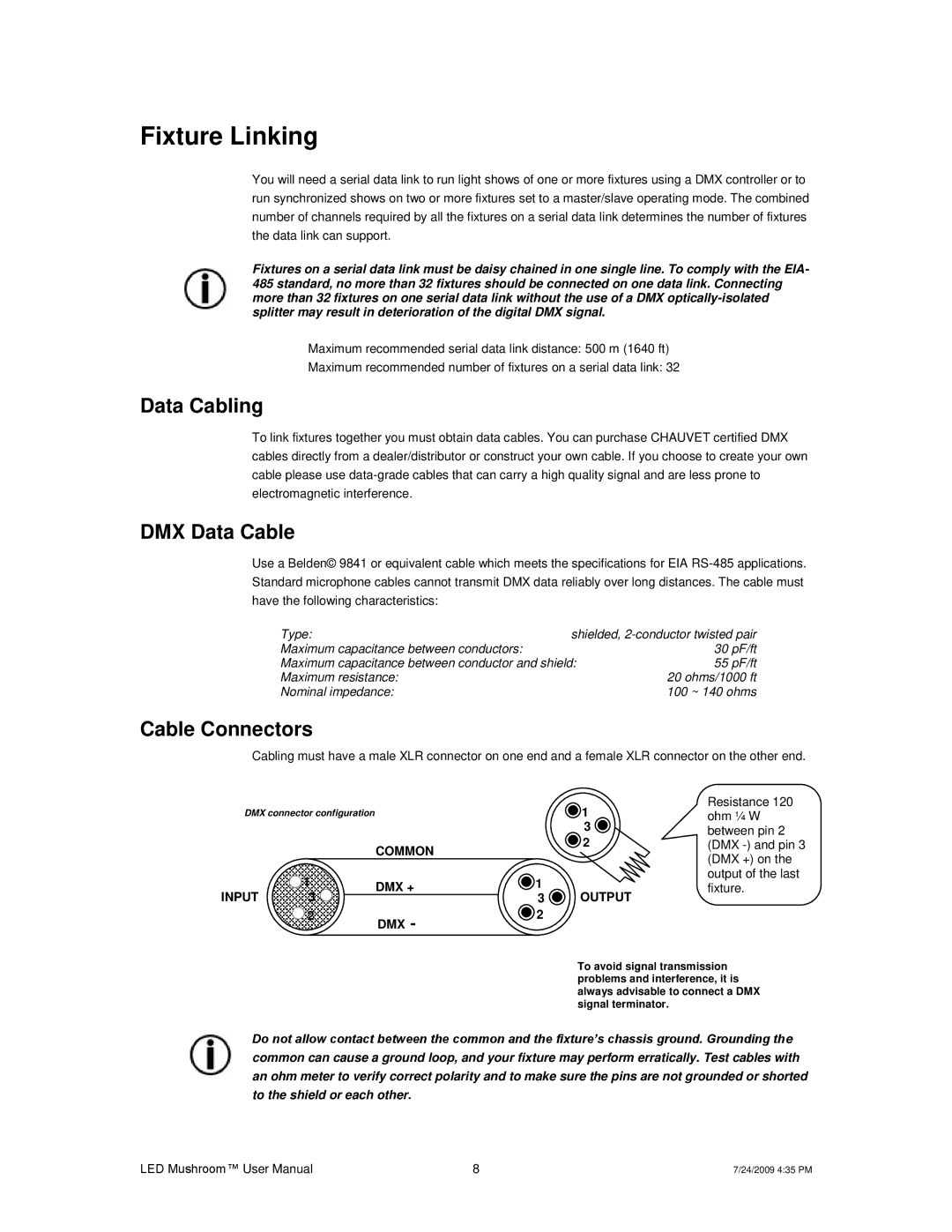 Chauvet Digital Camera user manual Fixture Linking, Data Cabling, DMX Data Cable, Cable Connectors 