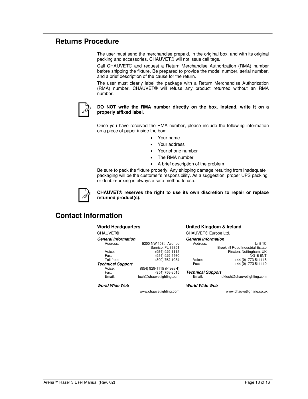 Chauvet DJ Equipment user manual Returns Procedure, Contact Information 