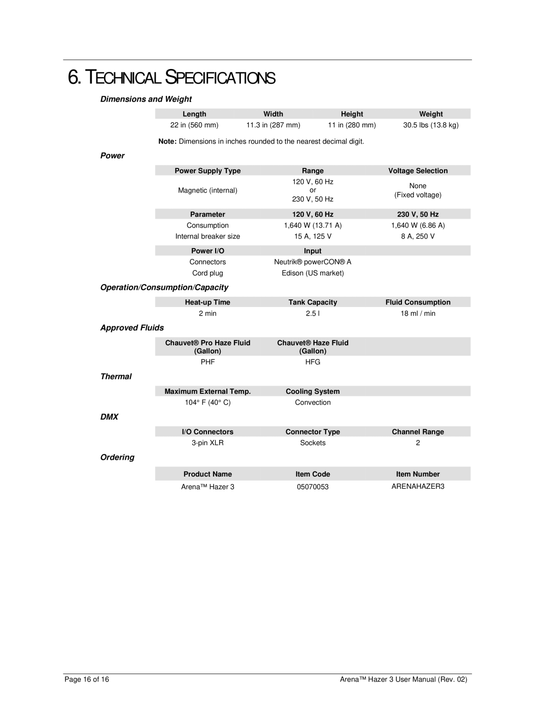 Chauvet DJ Equipment user manual Technical Specifications, Power 