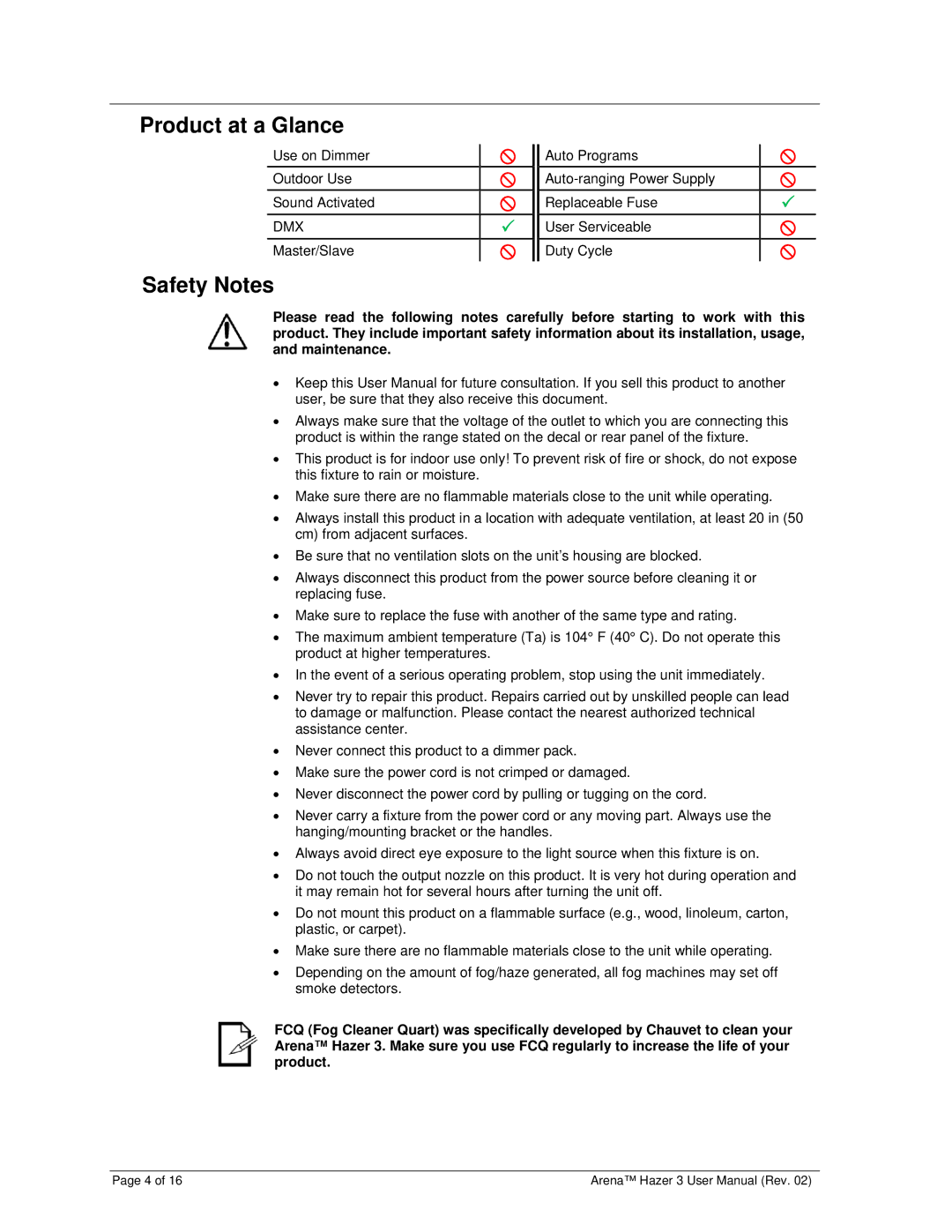 Chauvet DJ Equipment user manual Product at a Glance, Safety Notes 