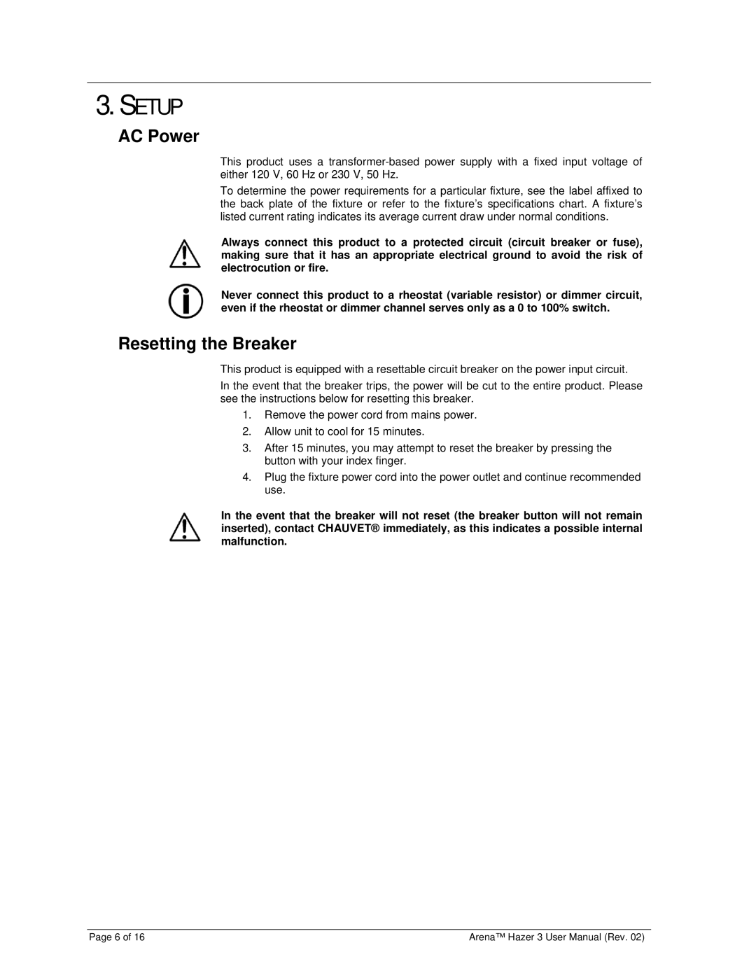 Chauvet DJ Equipment user manual Setup, AC Power, Resetting the Breaker 