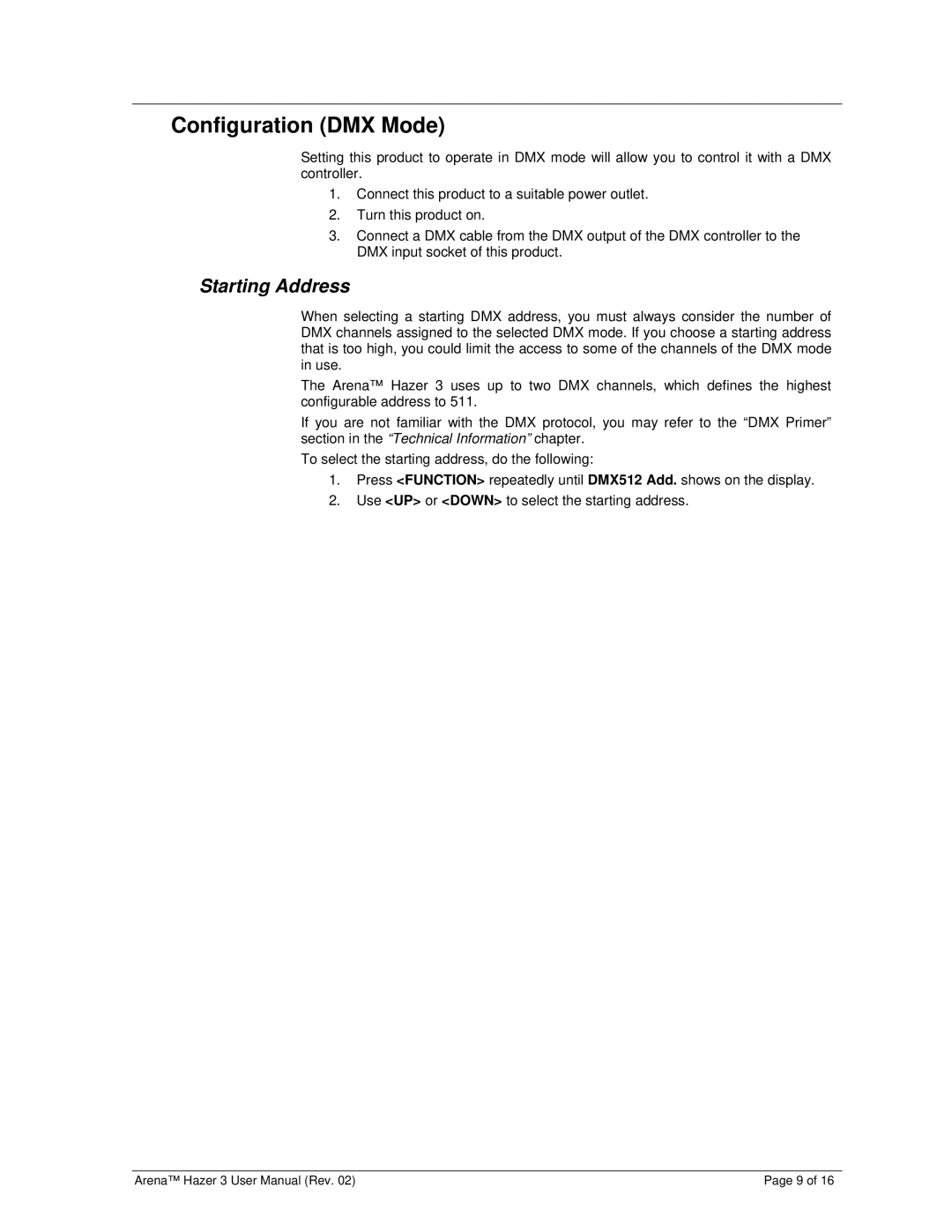 Chauvet DJ Equipment user manual Configuration DMX Mode, Starting Address 