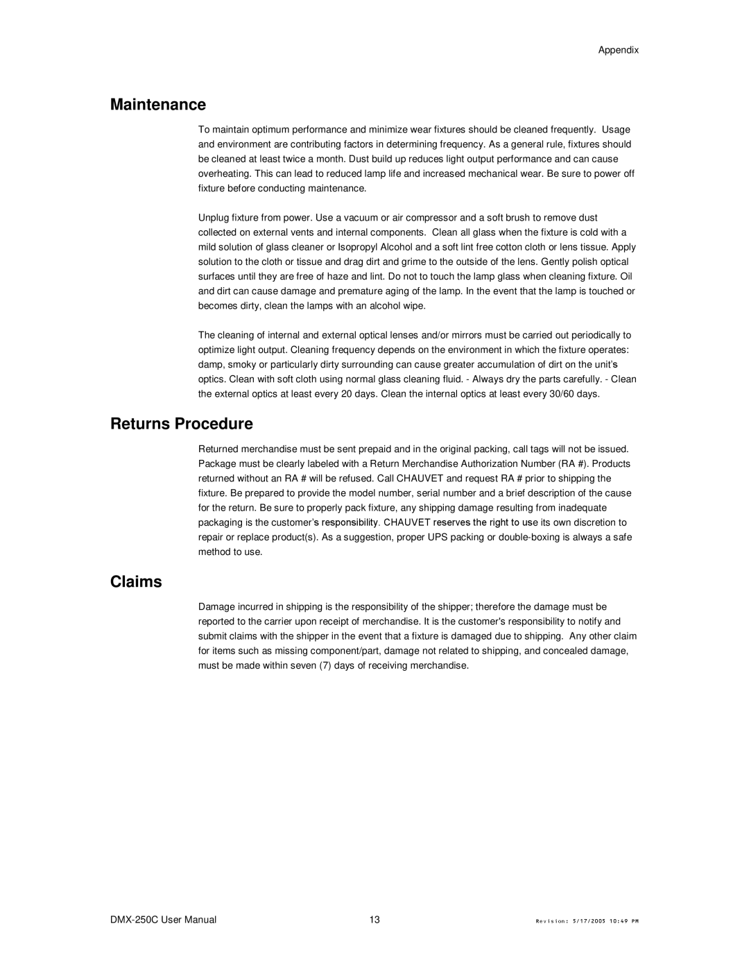 Chauvet DMX-250C user manual Maintenance, Returns Procedure, Claims 