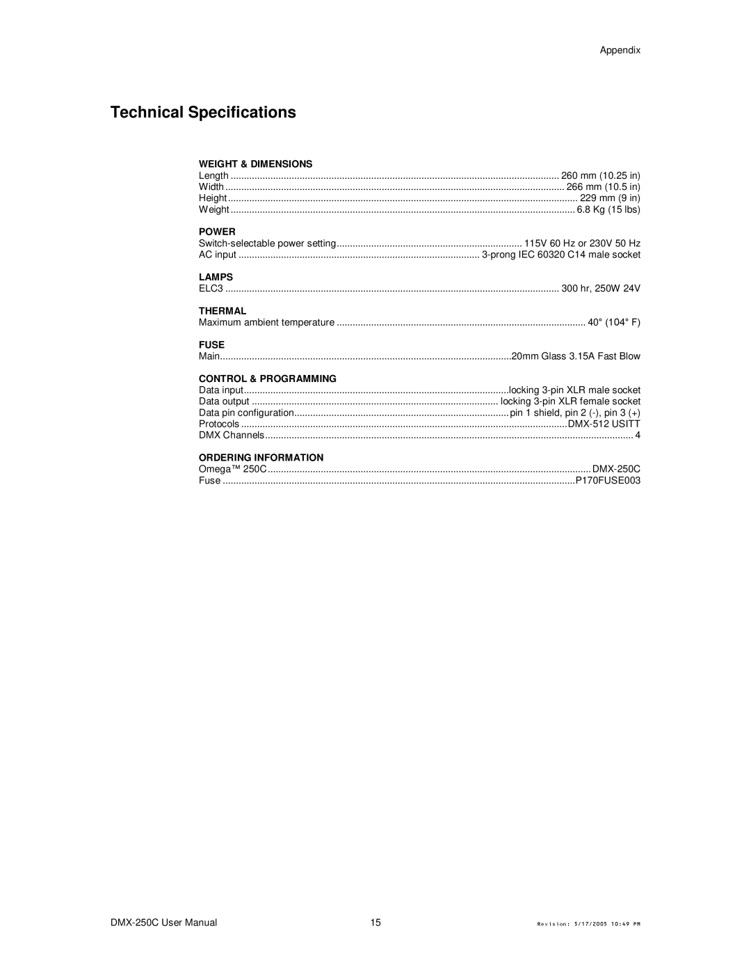 Chauvet DMX-250C user manual Technical Specifications 