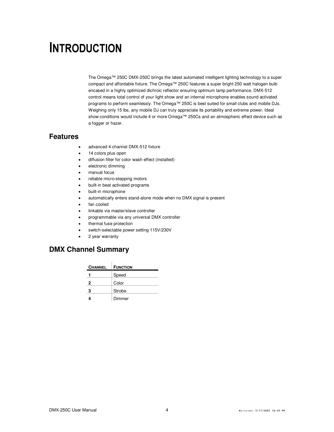 Chauvet DMX-250C user manual Introduction, Features, DMX Channel Summary, Speed Color Strobe Dimmer 